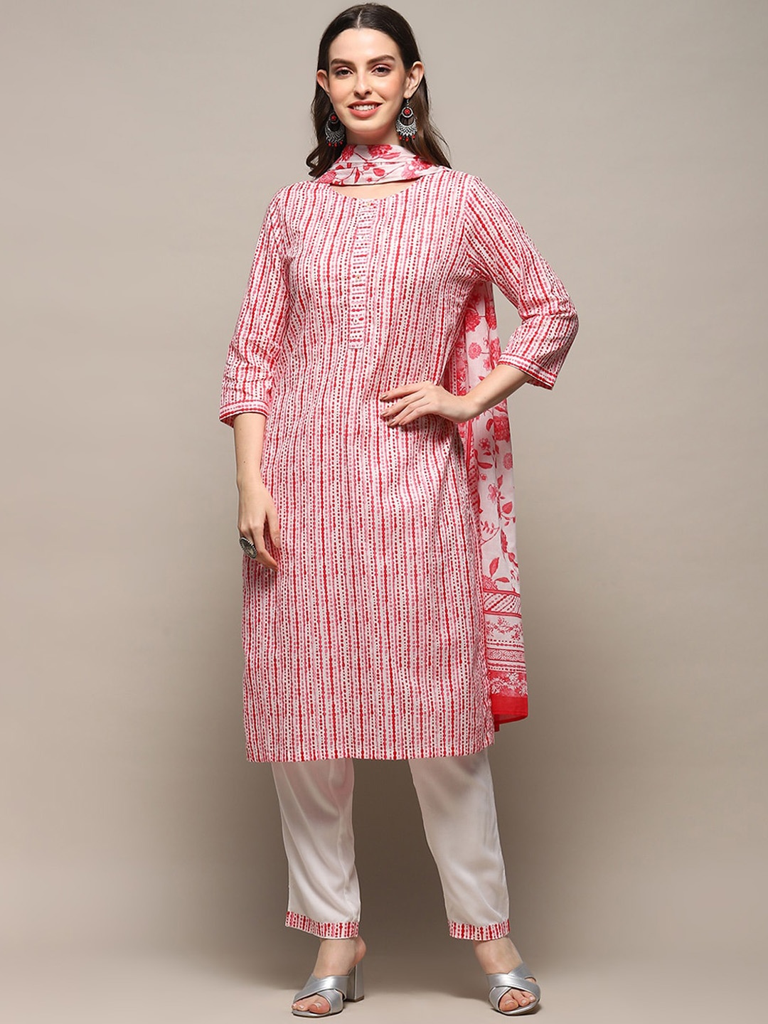 

Biba Striped Round Neck Regular Kurta With Trousers & Dupatta, White