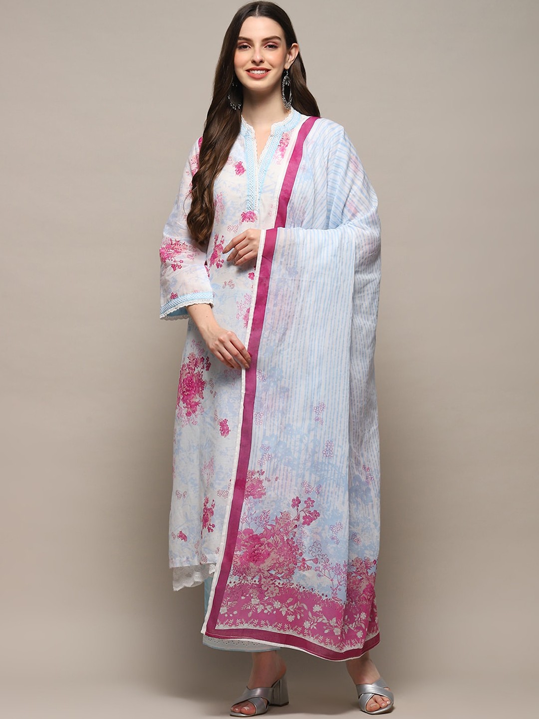 

Biba Floral Printed Regular Pure Cotton Kurta With Palazzos & Dupatta, Off white