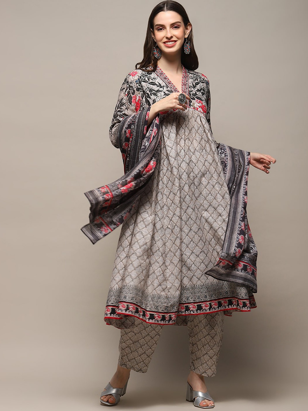 

Biba Ethnic Motifs Printed Empire Thread Work Pure Cotton Kurta With Salwar & Dupatta, Grey