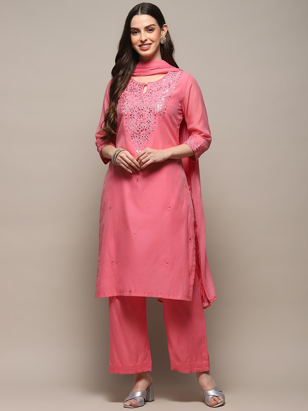 

Biba Ethnic Motifs Yoke Design Regular Mirror Work Kurta With Palazzos & Dupatta, Pink