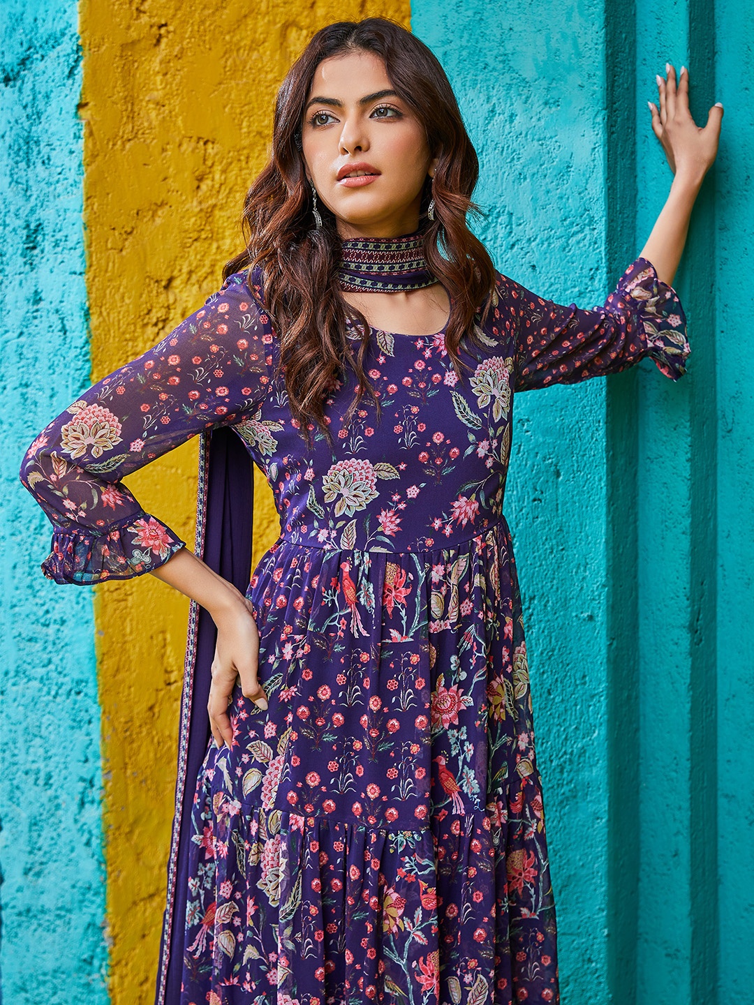 

Biba Floral Printed Pleated Anarkali Kurta & Churidar With Dupatta, Blue