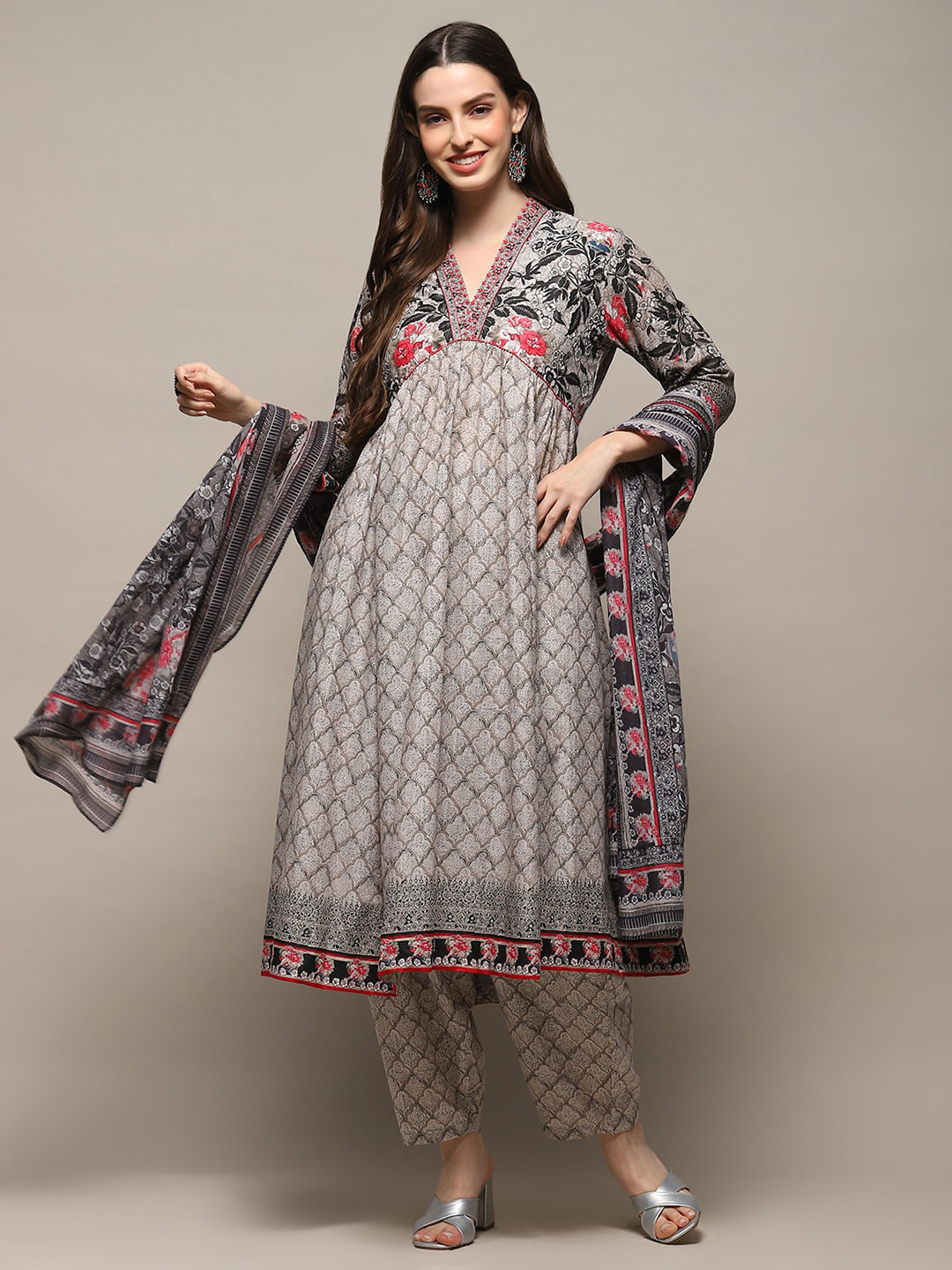

Biba Ethnic Motifs Printed Beads & Stones Pure Cotton A-Line Kurta & Trouser With Dupatta, Grey