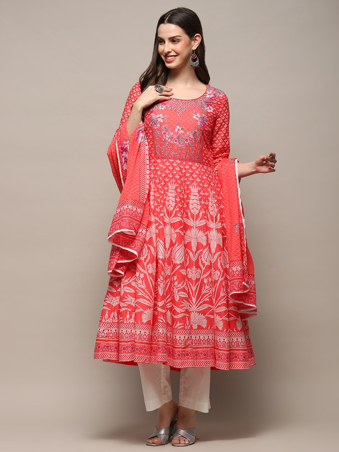 

Biba Ethnic Motifs Printed Thread Work Pure Cotton Anarkali Kurta & Trouser With Dupatta, Pink