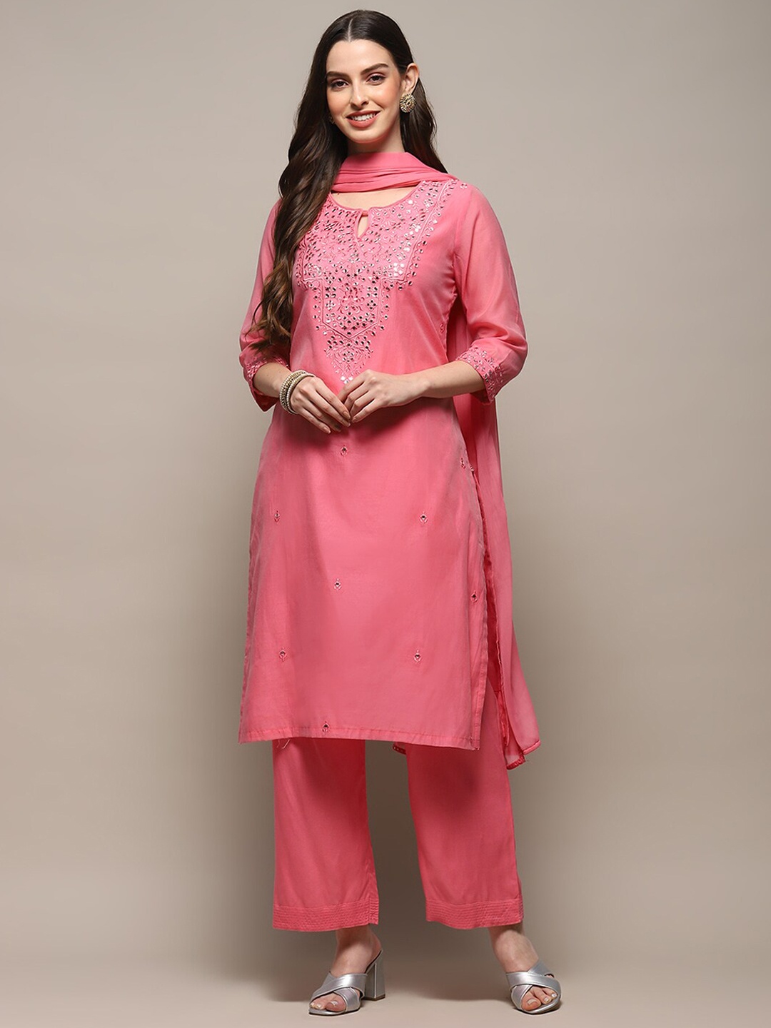 

Biba Ethnc Motifs Embroidered Mirror Work Detailed Straight Kurta & Palazzo With Dupatta, Pink
