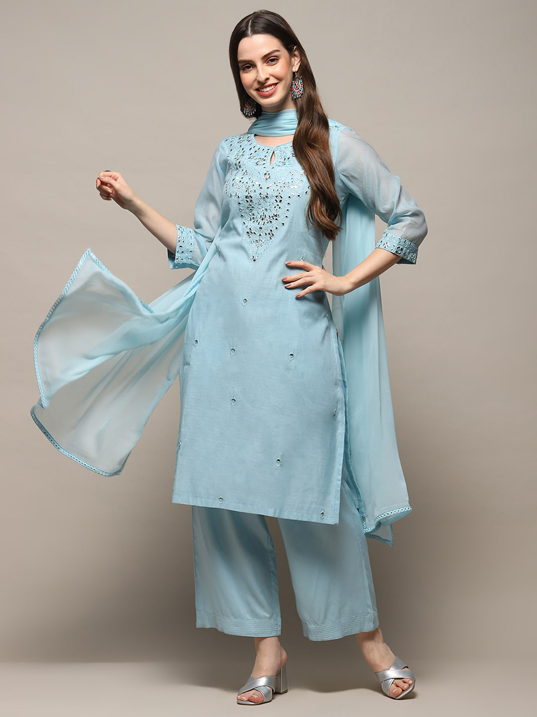 

Biba Ethnic Motifs Embroidered Mirror Work Kurta With Palazzos & Dupatta, Blue