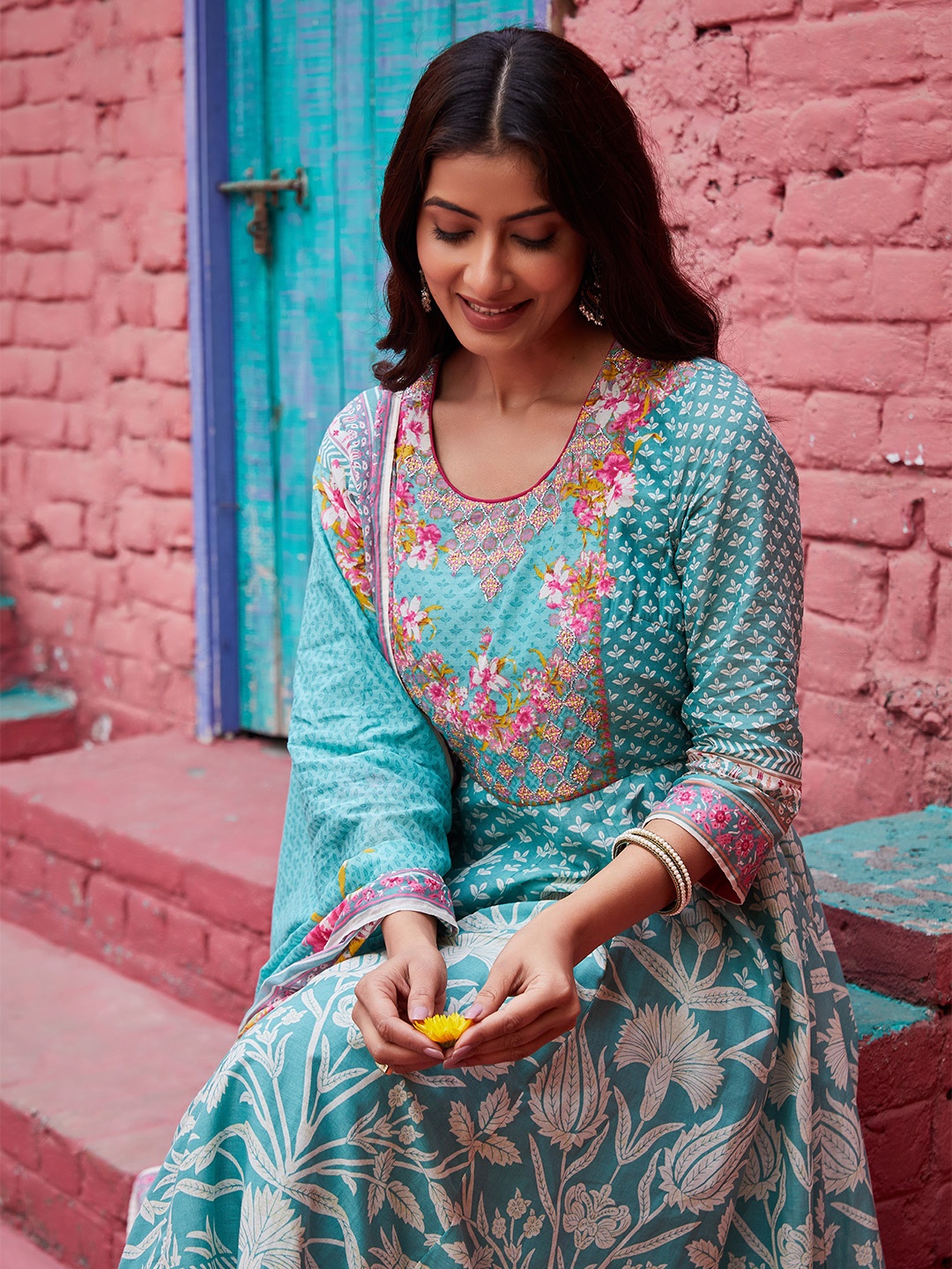 

Biba Floral Printed Pure Cotton Kurta With Palazzos & Dupatta, Green