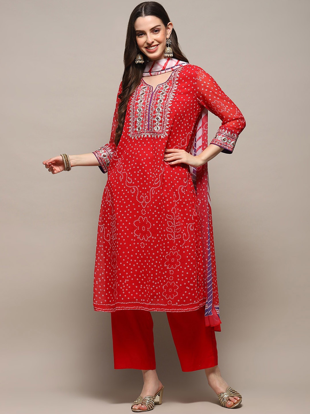 

Biba Bandhani Printed Thread Work Kurta With Palazzos & Dupatta, Red