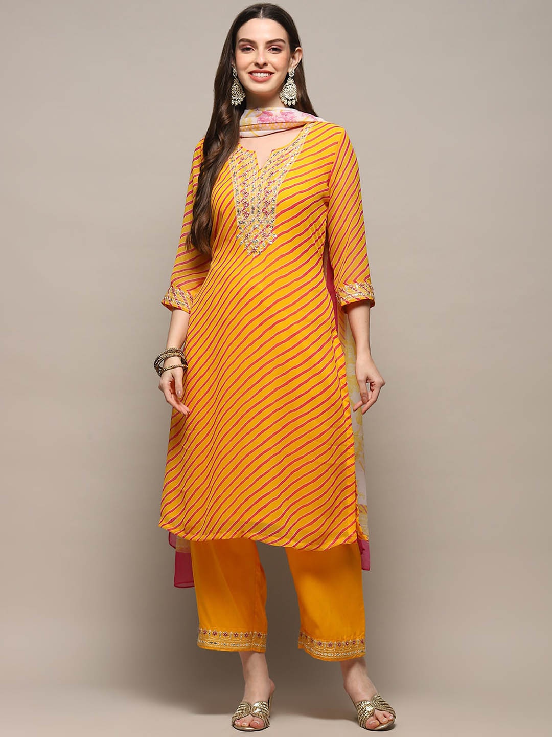 

Biba Leheriya Printed Straight Kurta & Palazzos With Dupatta, Yellow