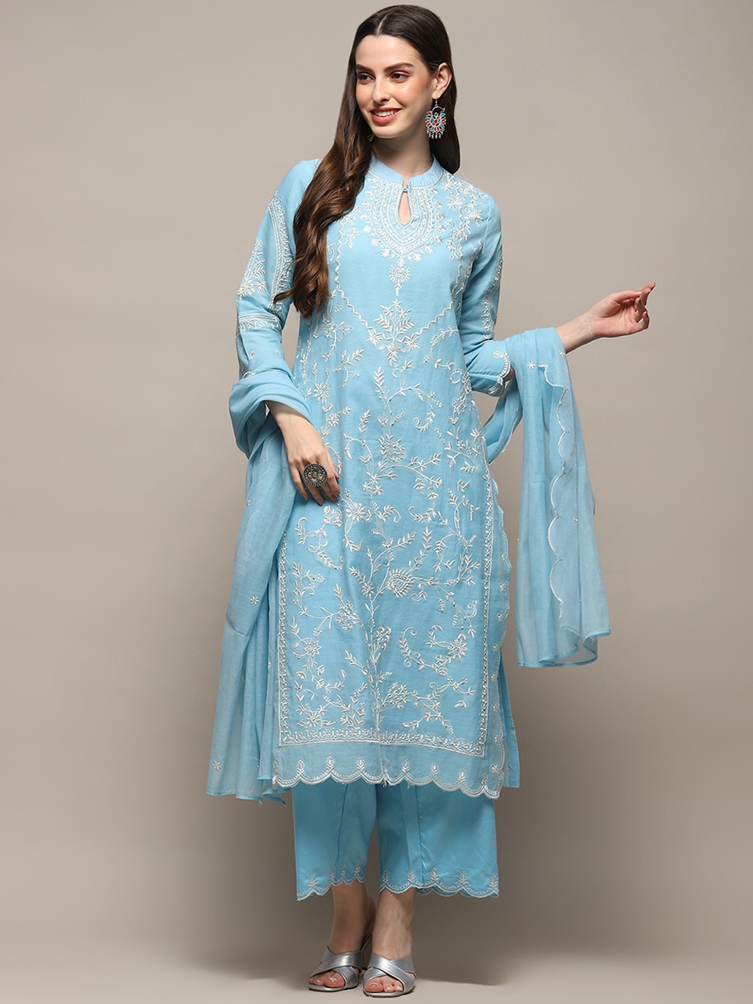 

Biba Ethnic Motif Embroidered Keyhole Neck Straight Kurta & Palazzos With Dupatta, Blue
