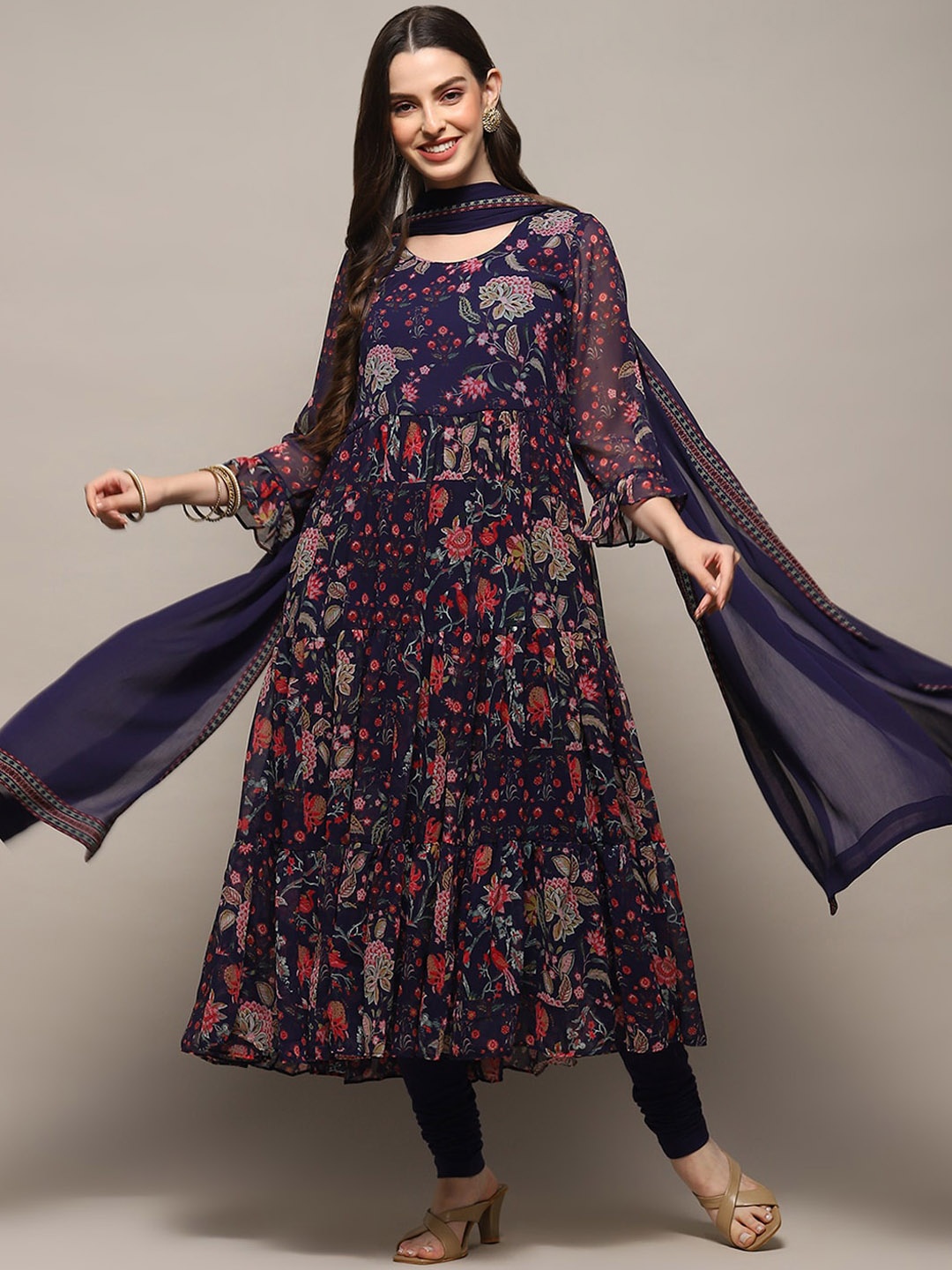 

Biba Floral Printed Anarkali Kurta & Churidar With Dupatta, Navy blue