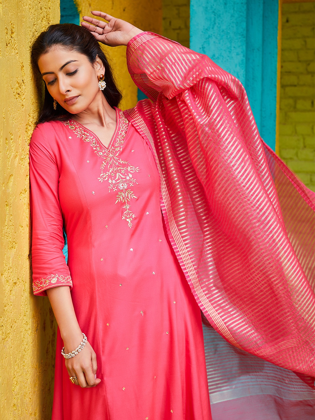 

Biba Floral Embroidered A-Line Kurta & Palazzos With Dupatta, Fuchsia