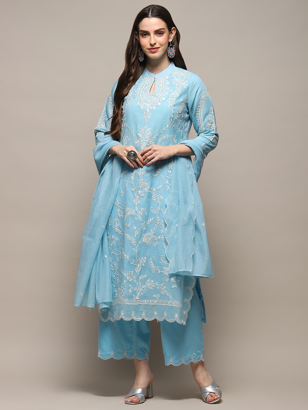 

Biba Floral Embroidered Keyhole Neck A-Line Kurta with Palazzos & Dupatta, Blue