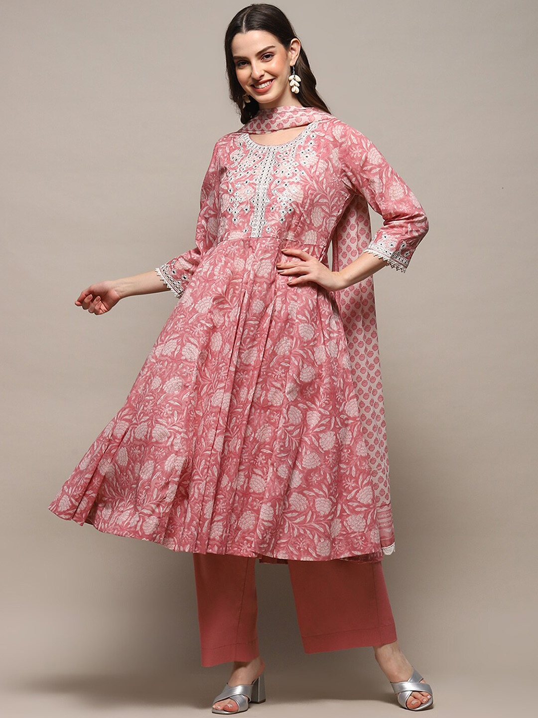 

Biba Floral Printed Mirror Work Anarkali Pure Cotton Kurta with Palazzos & Dupatta, Pink