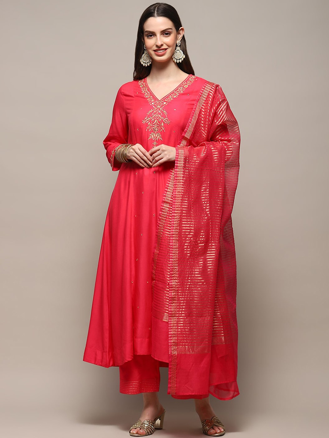 

Biba Ethnic Motifs Embroidered V-Neck Anarkali Kurta with Palazzos & Dupatta, Fuchsia