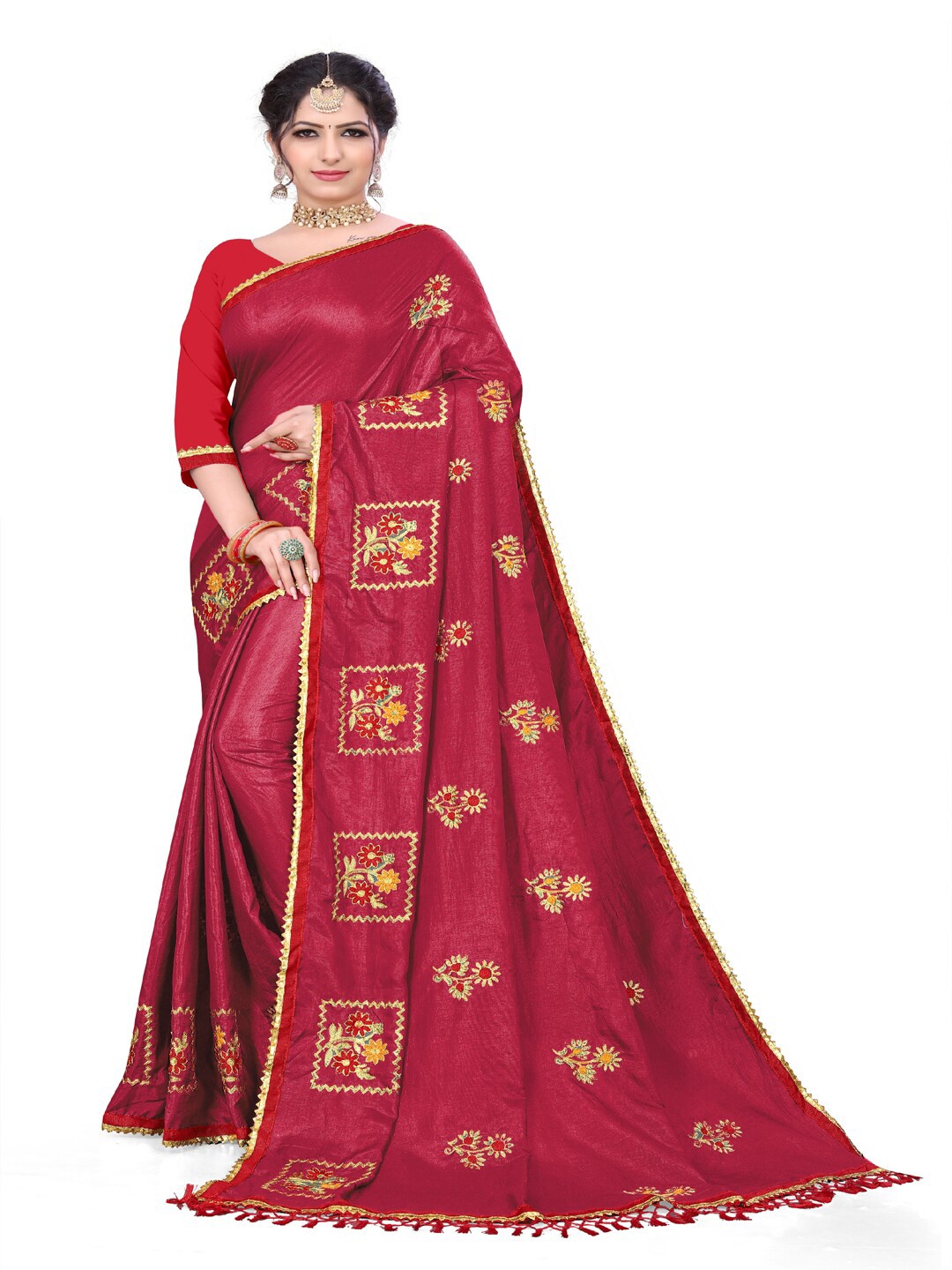 

Shivadit Ethnic Floral Embroidered Banarasi Saree, Red
