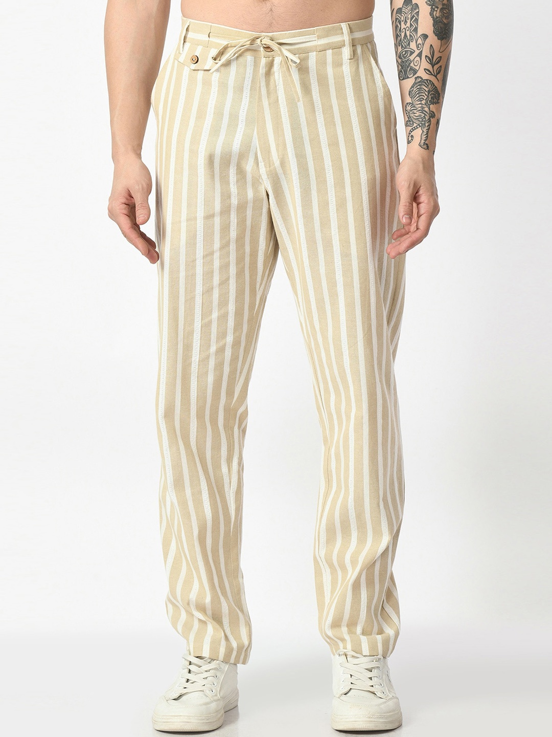 

KISSOSS Men Relaxed Striped Mid Rise Cotton Trousers, Beige
