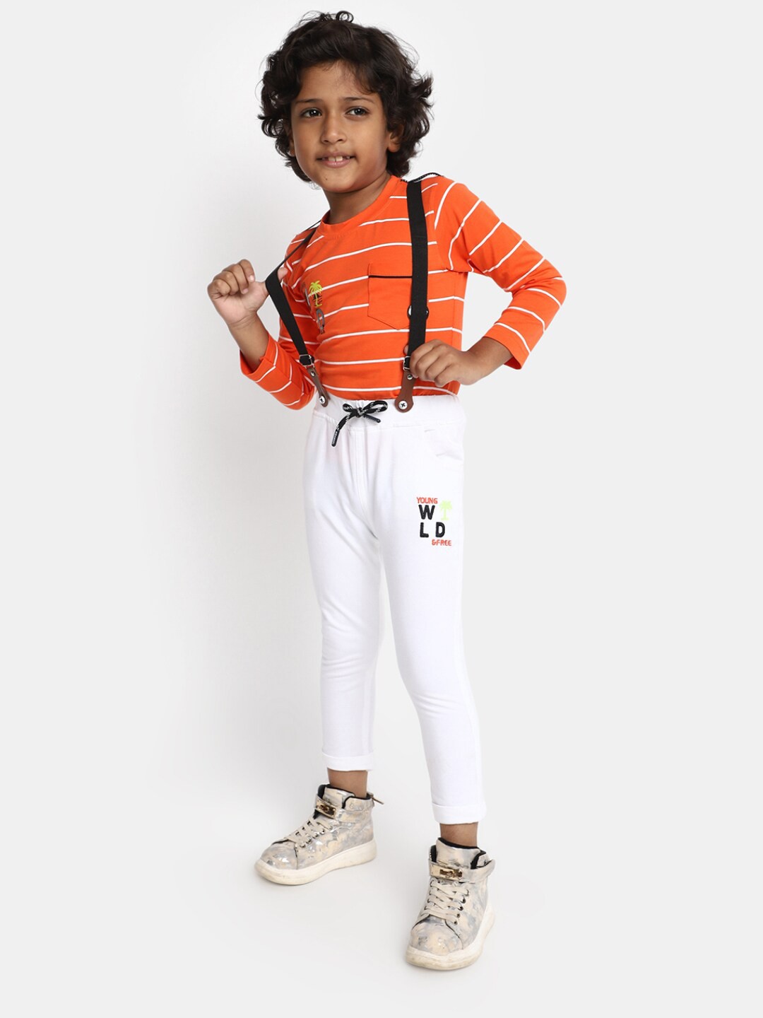 

V-Mart Boys Striped Pure Cotton T-shirt & Trousers, Orange