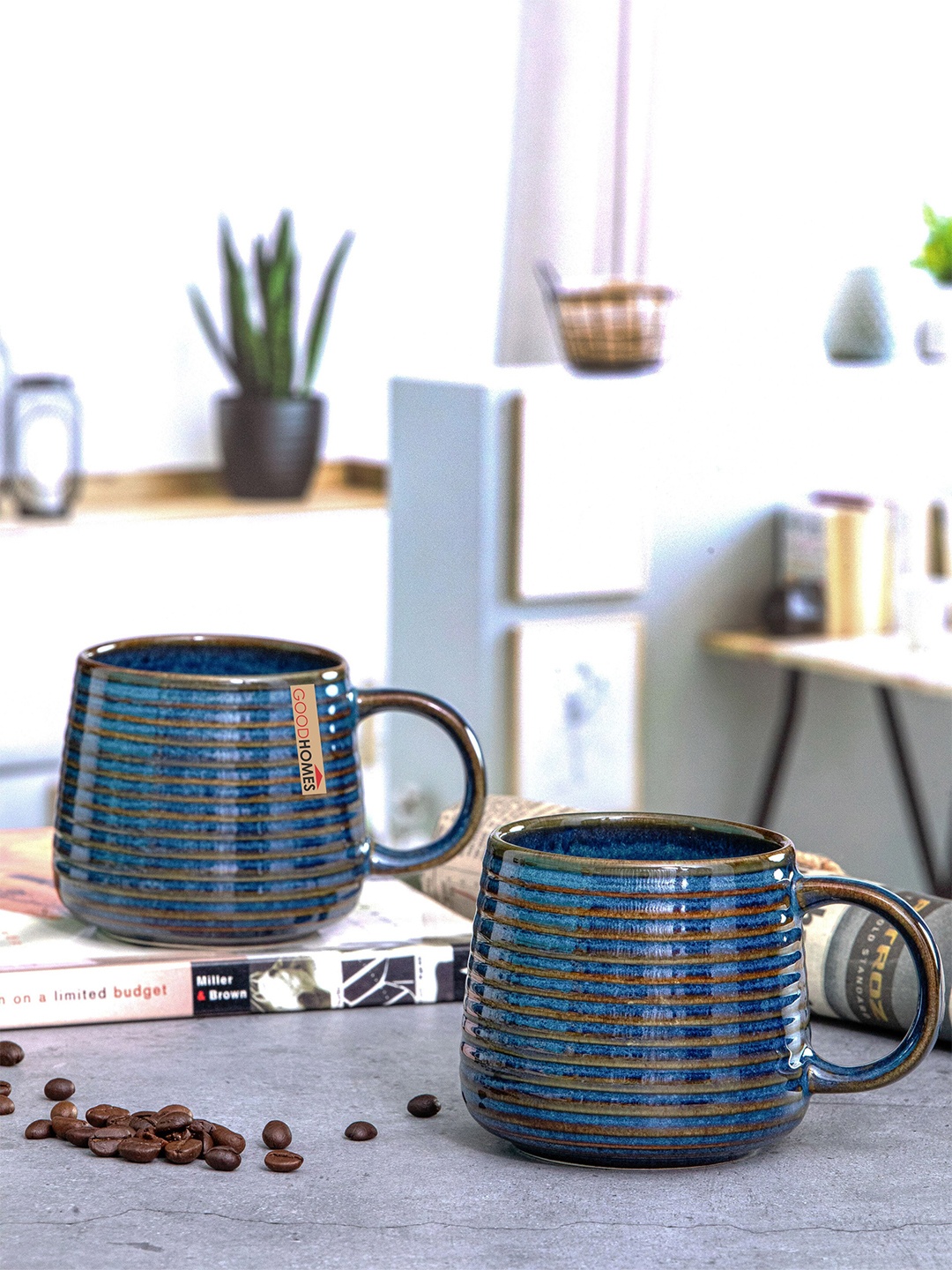 

GOODHOMES Blue & Green 2 Pieces Striped Stoneware Glossy Coffee Mugs 340 ml