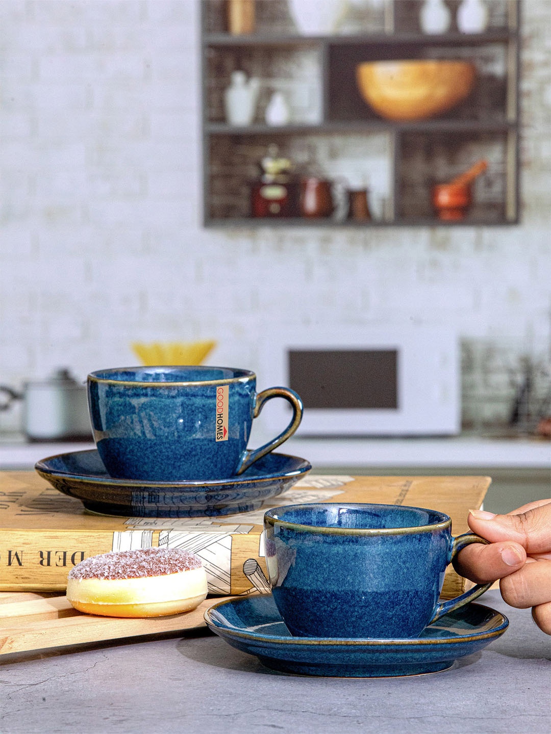 

GOODHOMES Blue & Brown 8 Pieces Stoneware Glossy Coffee Cups and Saucers 200 ml