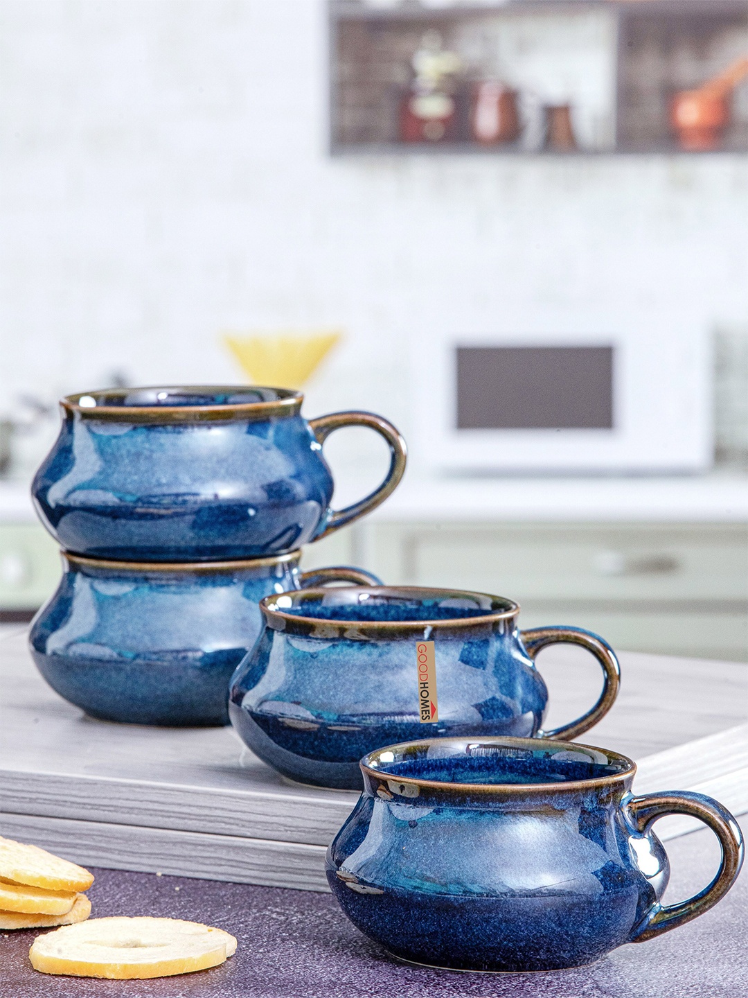 

GOODHOMES Blue 4 Pieces Stoneware Glossy Soup Cups 240 ml