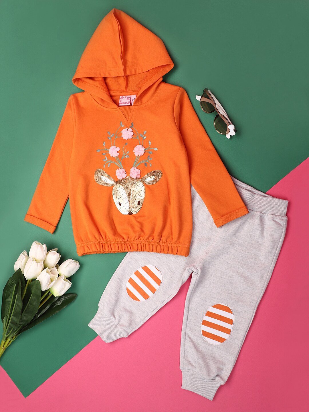 

V-Mart Girls Embellished Hooded Pure Cotton Sweatshirt and Trouser, Orange