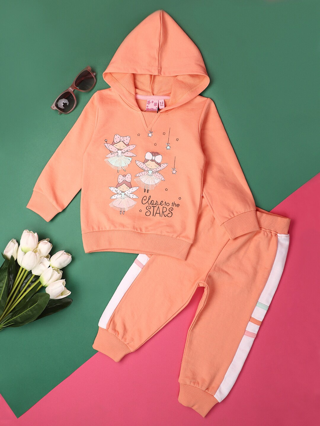 

V-Mart Girls Graphic Printed Hooded Pure Cotton Sweatshirt and Trouser, Peach