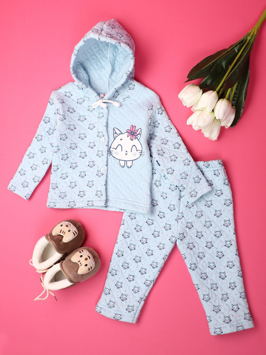 

V-Mart Infants Conversational Printed Hooded Pure Cotton Sweatshirt and Trouser, Blue