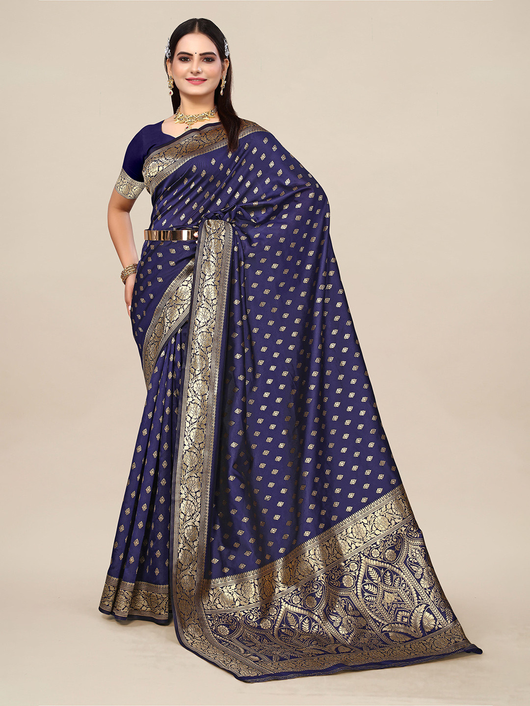 

SHAYRI Ethnic Motifs Woven Design Banarasi Saree, Navy blue