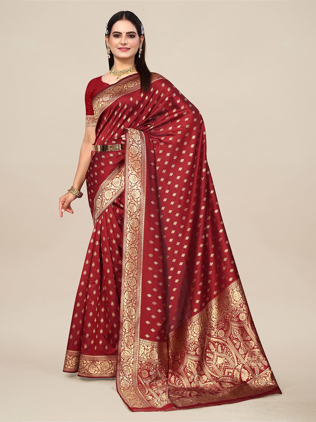 

SHAYRI Ethnic Motifs Woven Design Banarasi Saree, Maroon