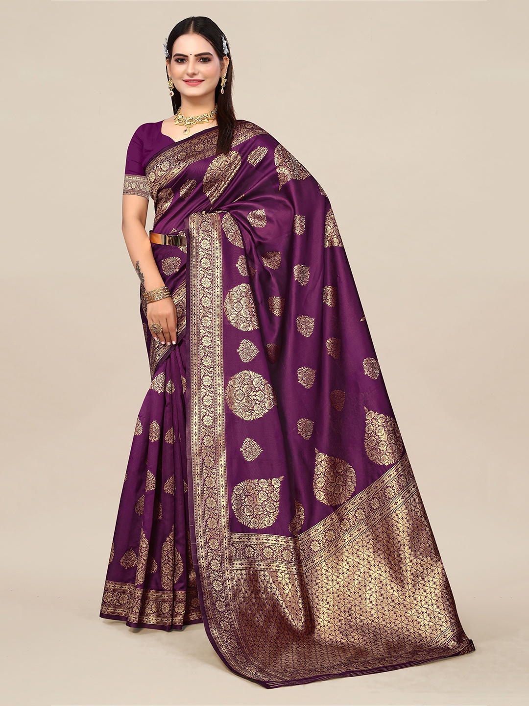 

SHAYRI Woven Design Floral Zari Silk Blend Banarasi Saree, Purple