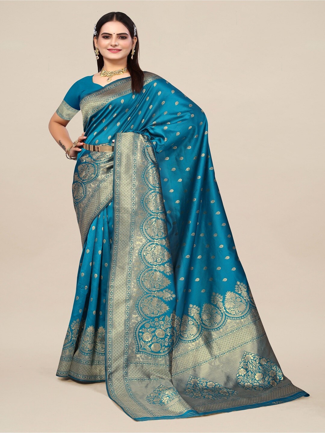 

SHAYRI Ethnic Motifs Woven Design Banarasi Saree, Blue