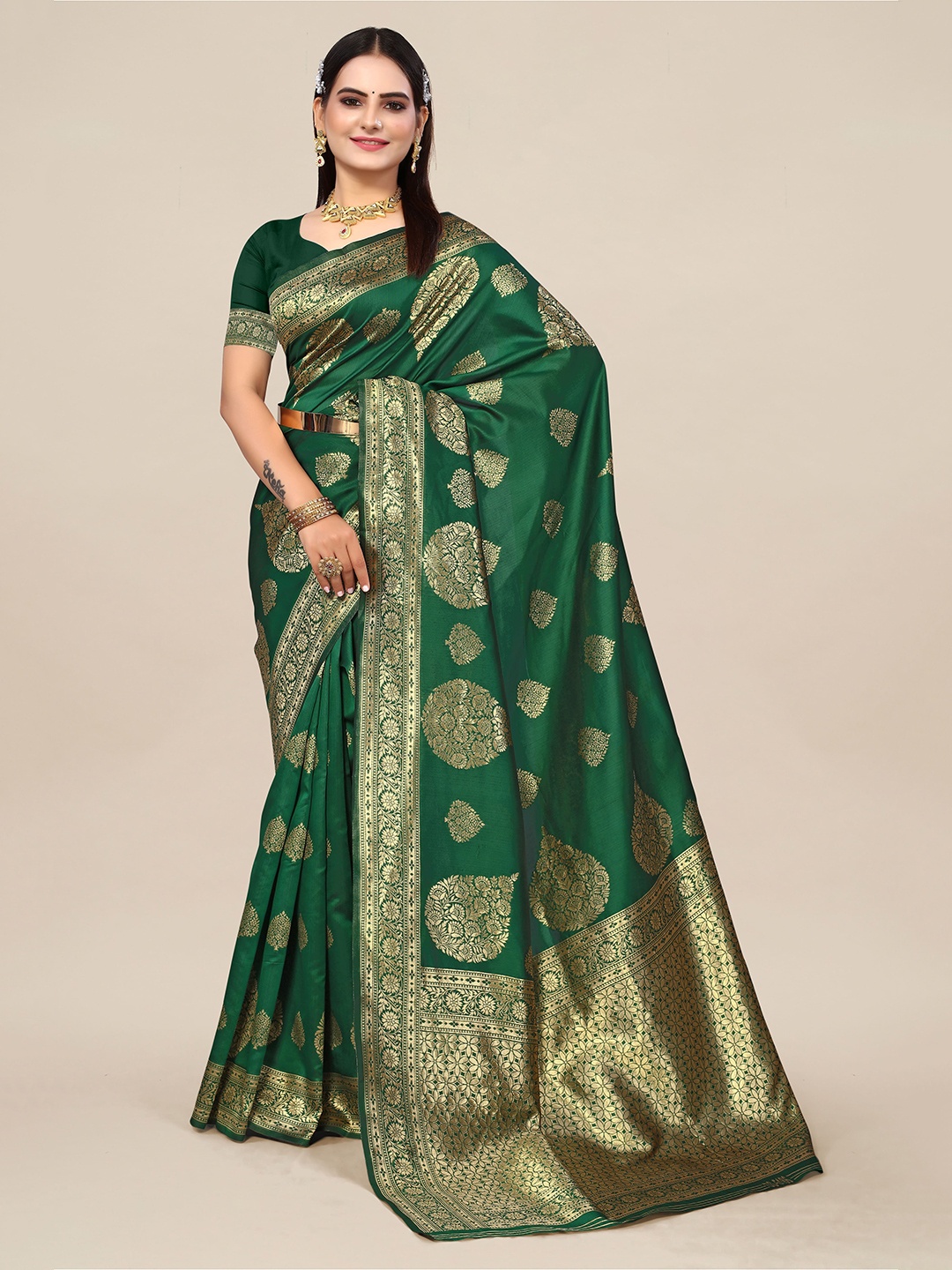 

SHAYRI Woven Design Floral Zari Silk Blend Banarasi Saree, Green