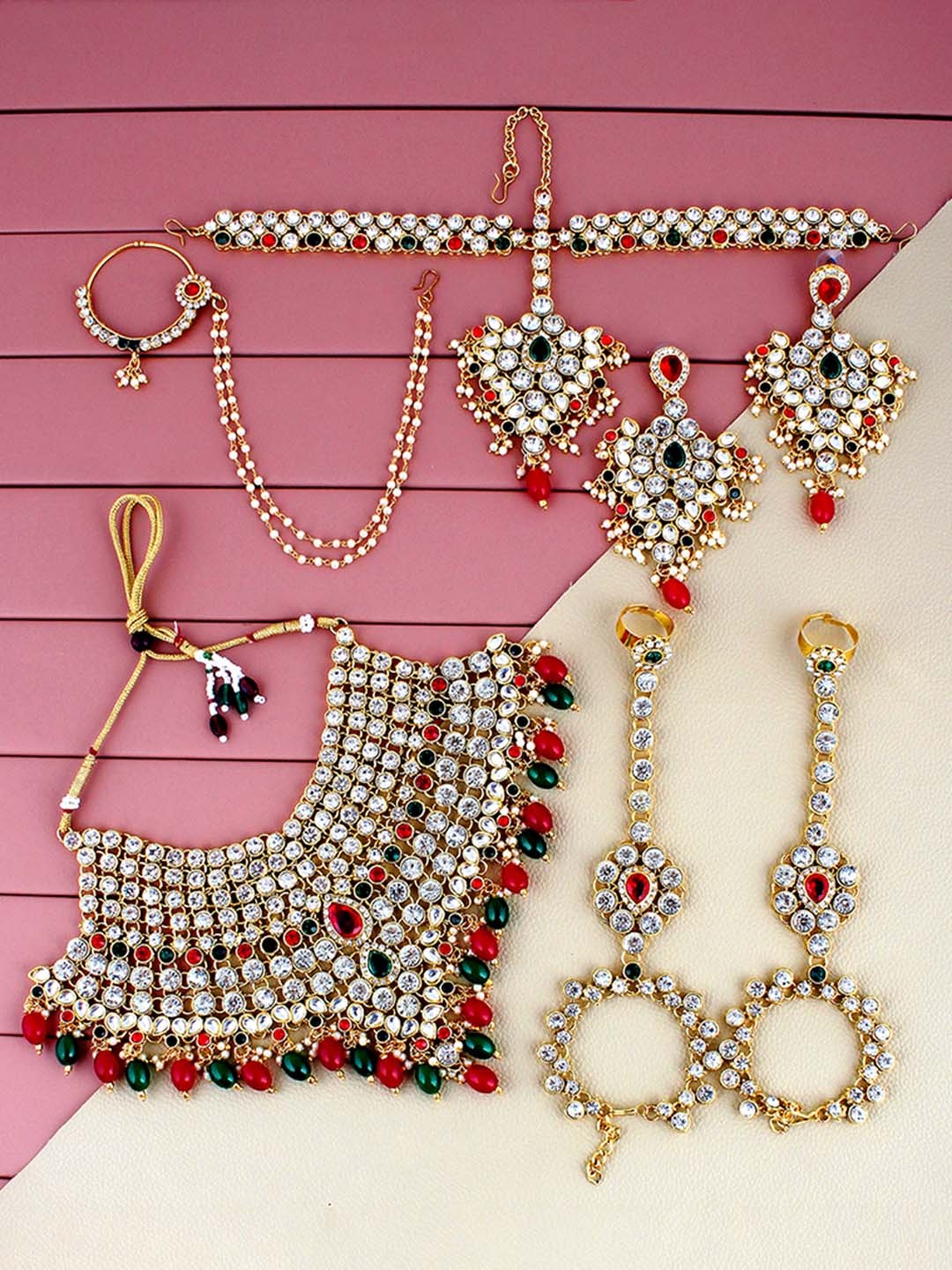 

LUCKY JEWELLERY Gold-Plated Artificial Stones & Beads Studded Bridal Jewellery Set