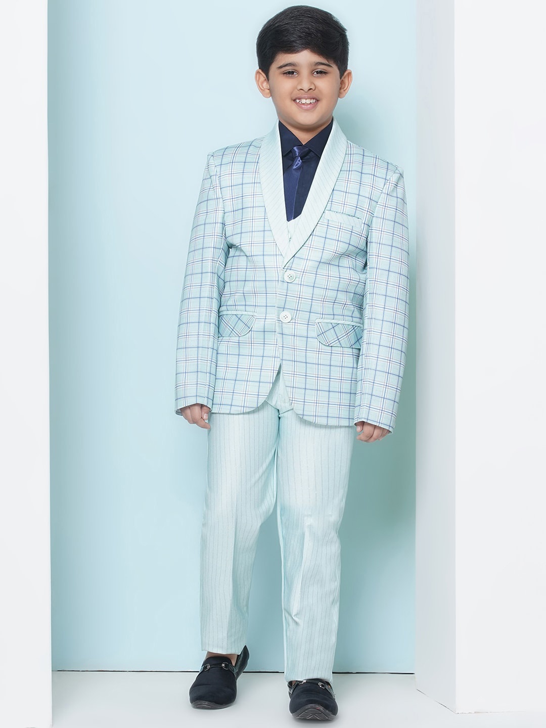 

Aj DEZInES Boys Checked Single-Breasted Cotton Five-Piece Suit, Blue