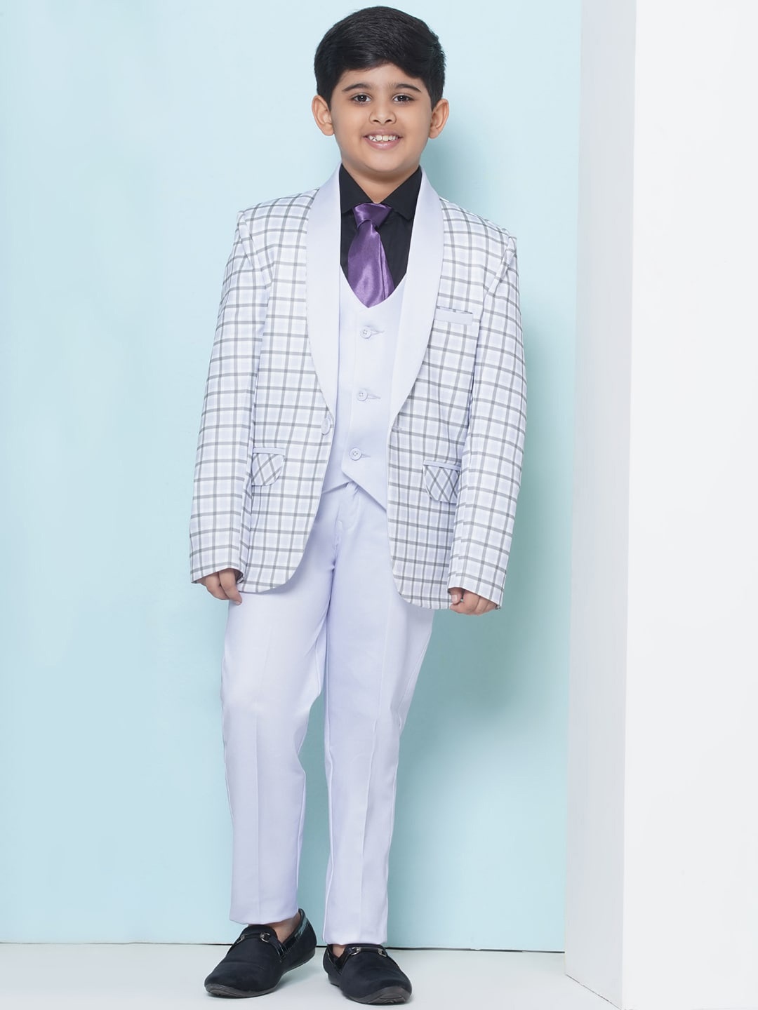

Aj DEZInES Boys Checked Slim-Fit Single-Breasted Five-Piece Formal Suit, Mauve