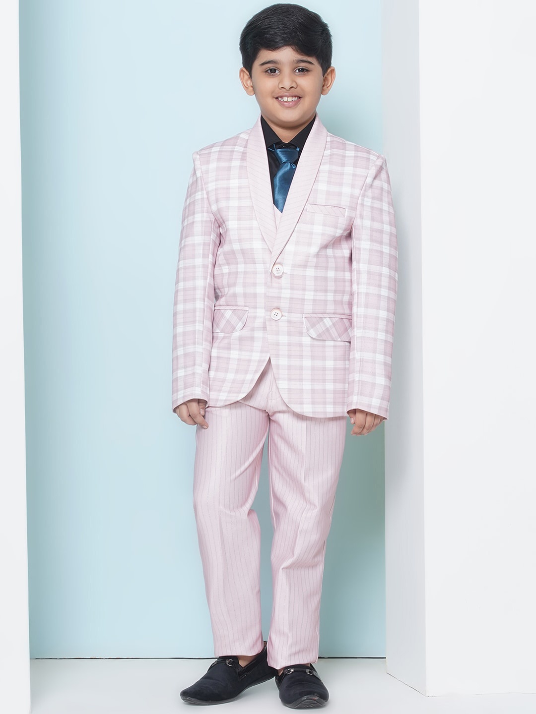 

Aj DEZInES Boys Checked Single-Breasted Cotton Five-Piece Suit, Pink