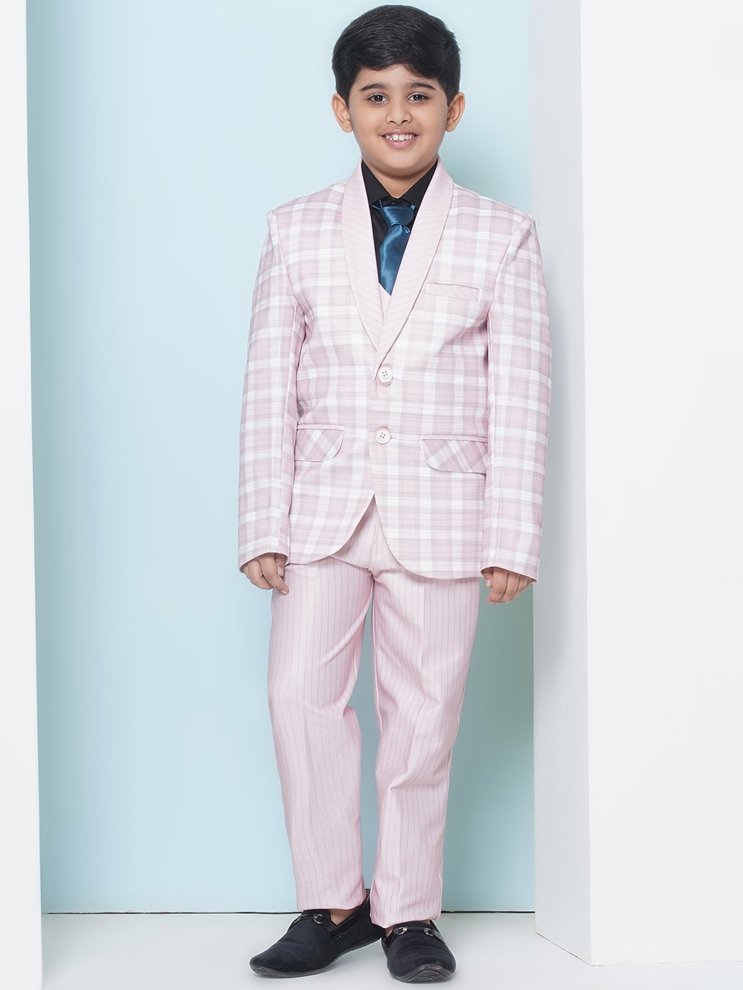 

Aj DEZInES Boys Checked Single-Breasted Cotton Five-Piece Party Suit, Pink