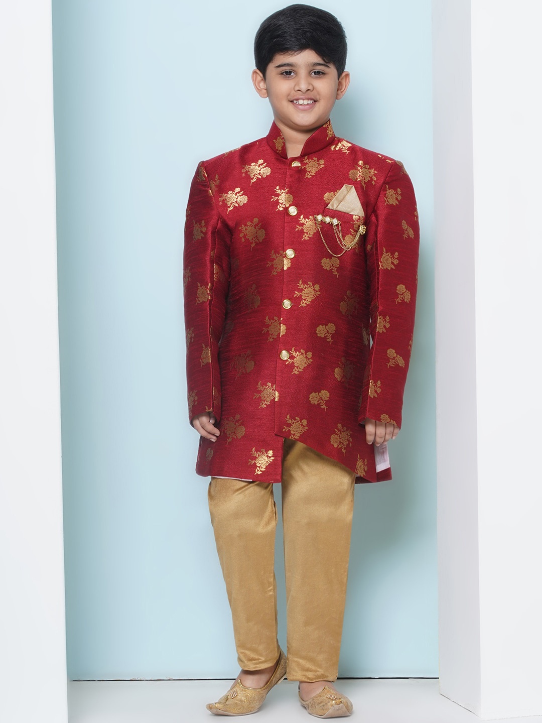 

Aj DEZInES Boys Woven Design Cotton Sherwani Set, Red