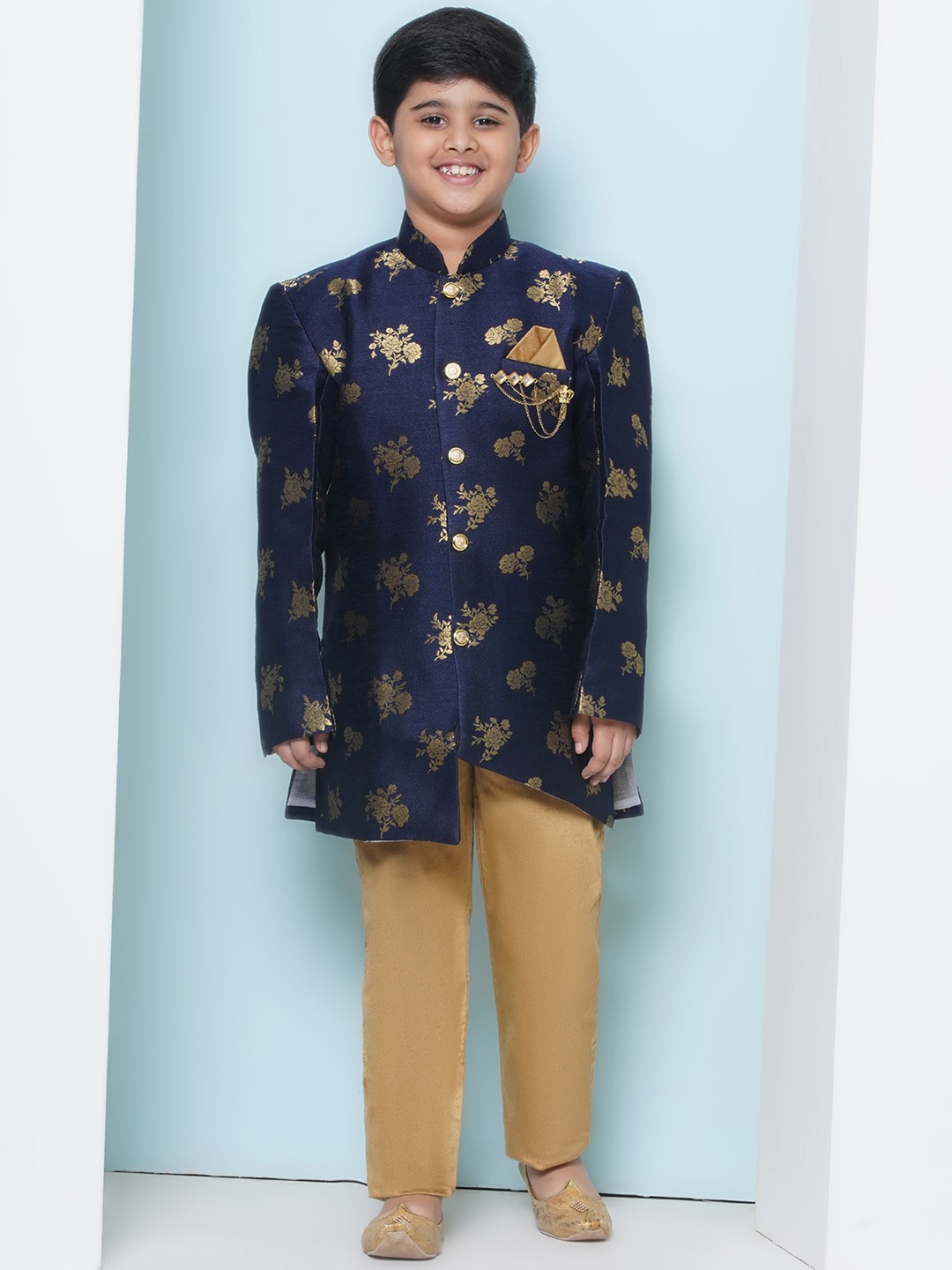 

Aj DEZInES Boys Printed Cotton Mandarin Collar Sherwani Set, Blue