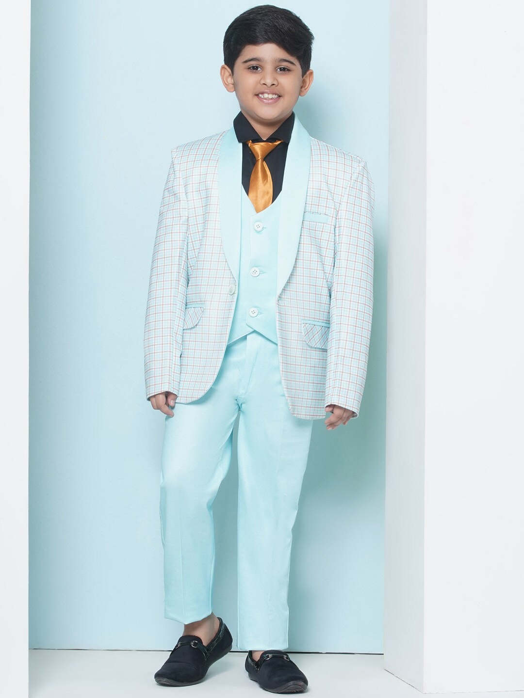 

Aj DEZInES Boys Checked Cotton Single-Breasted Five-Piece Suit, Blue