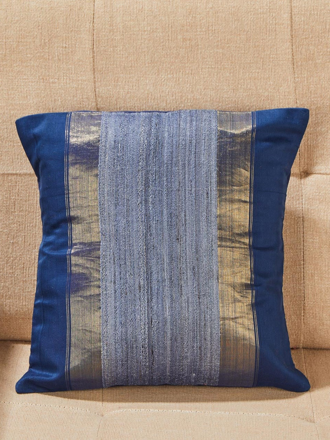 

Fabindia Blue & Golden Striped Cotton Square Cushion Cover