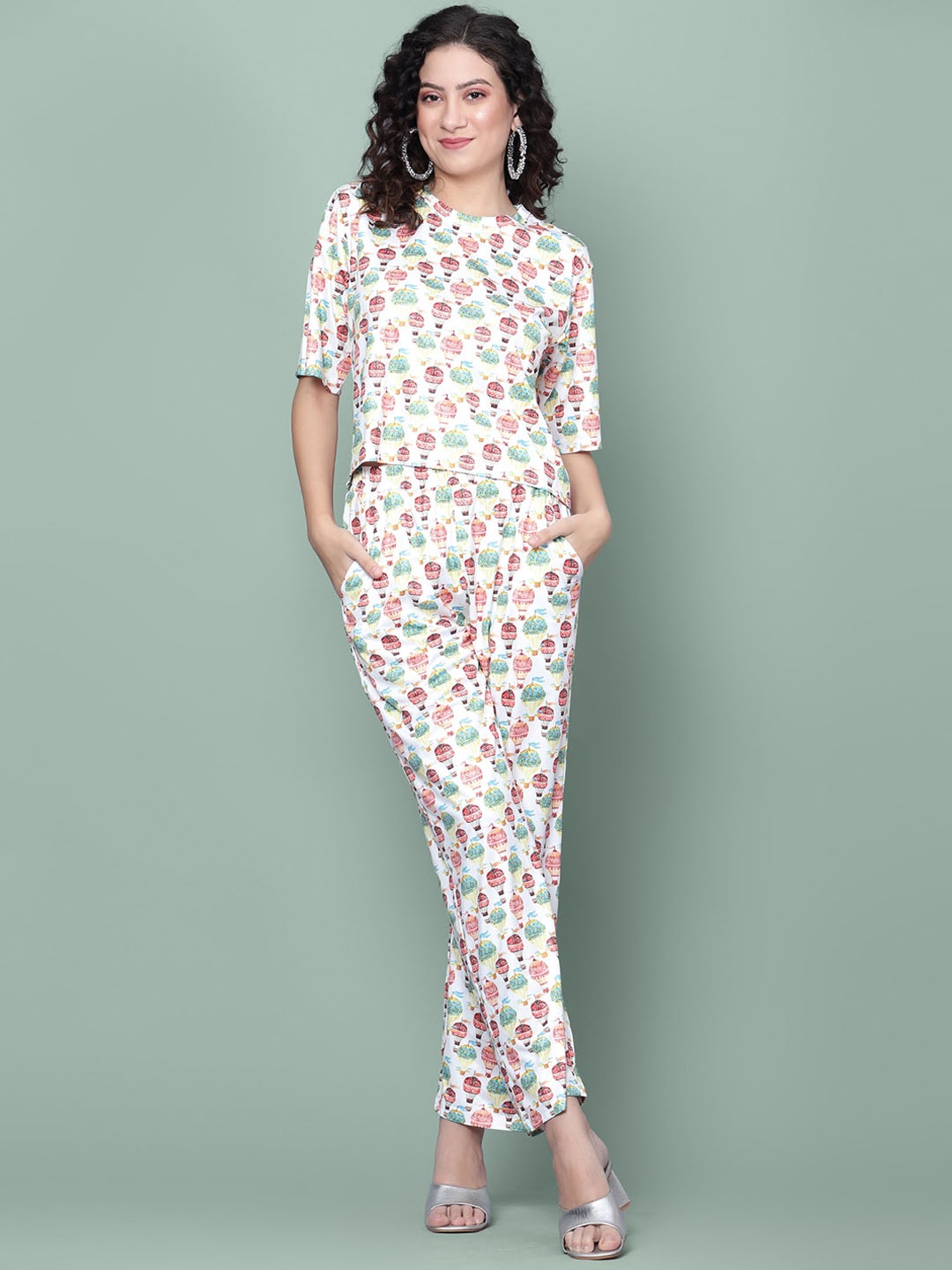 

DIAZ Conversational Printed Pure Cotton Top With Trousers, White