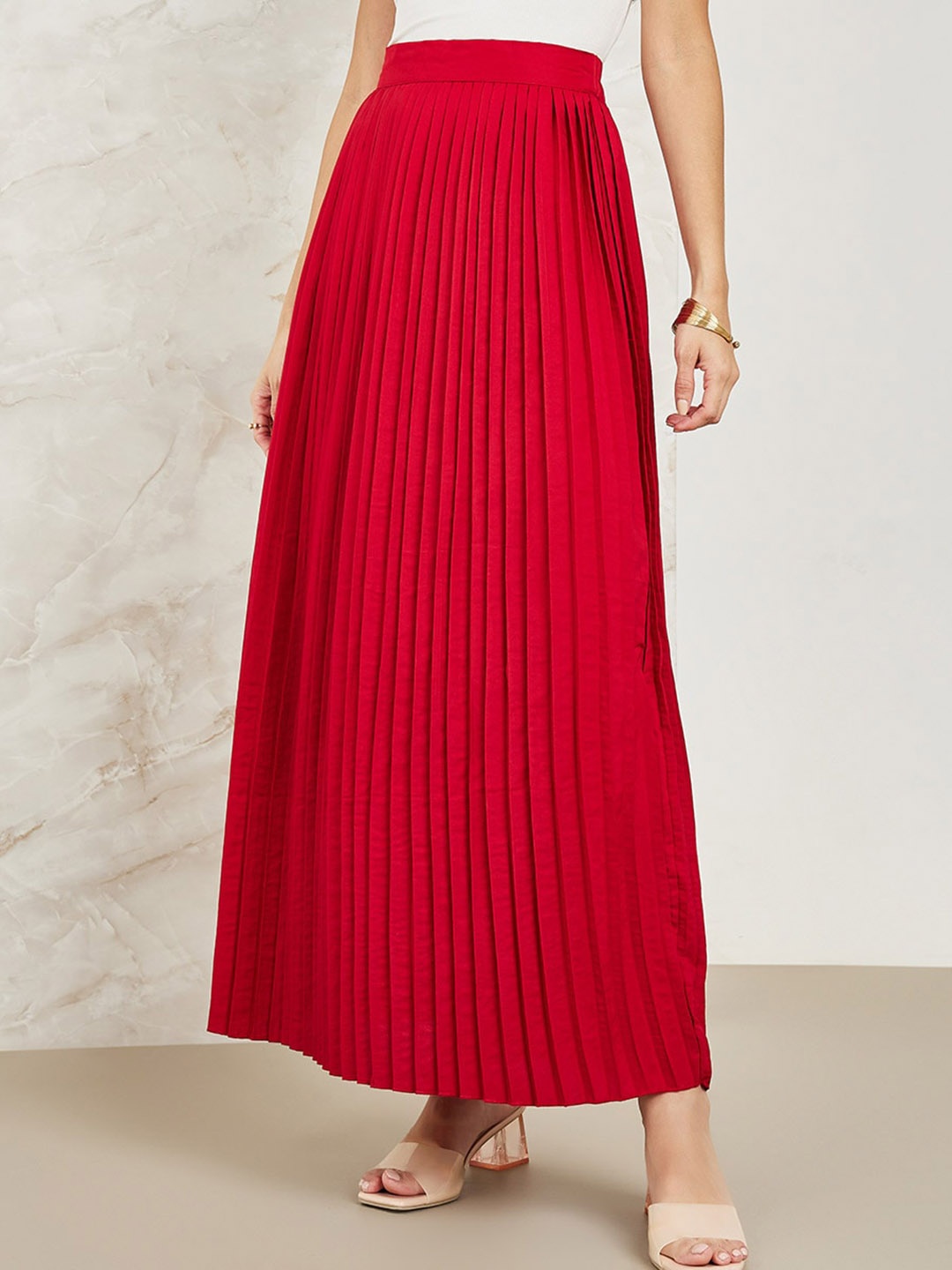 

Styli Pleated Accordion Pleats Flared Maxi Skirt, Red