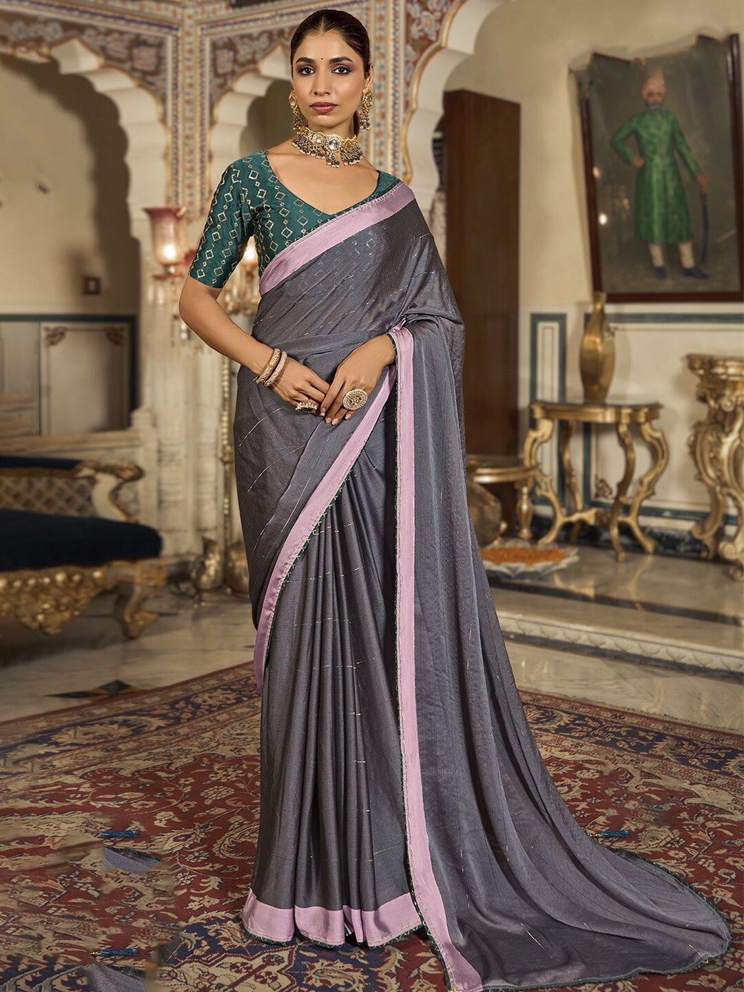 

Satrani Grey & Teal Striped Saree