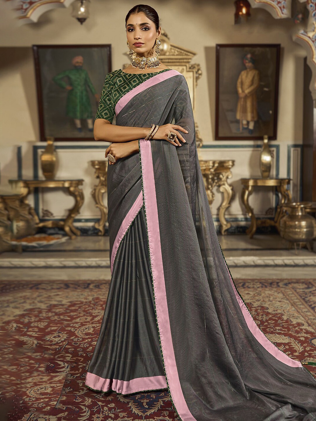 

Satrani Striped Zari Poly Chiffon Fusion Saree, Grey