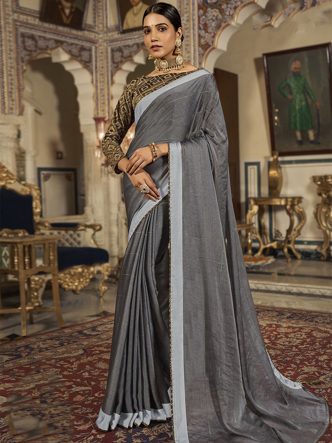 

Satrani Grey Striped Saree
