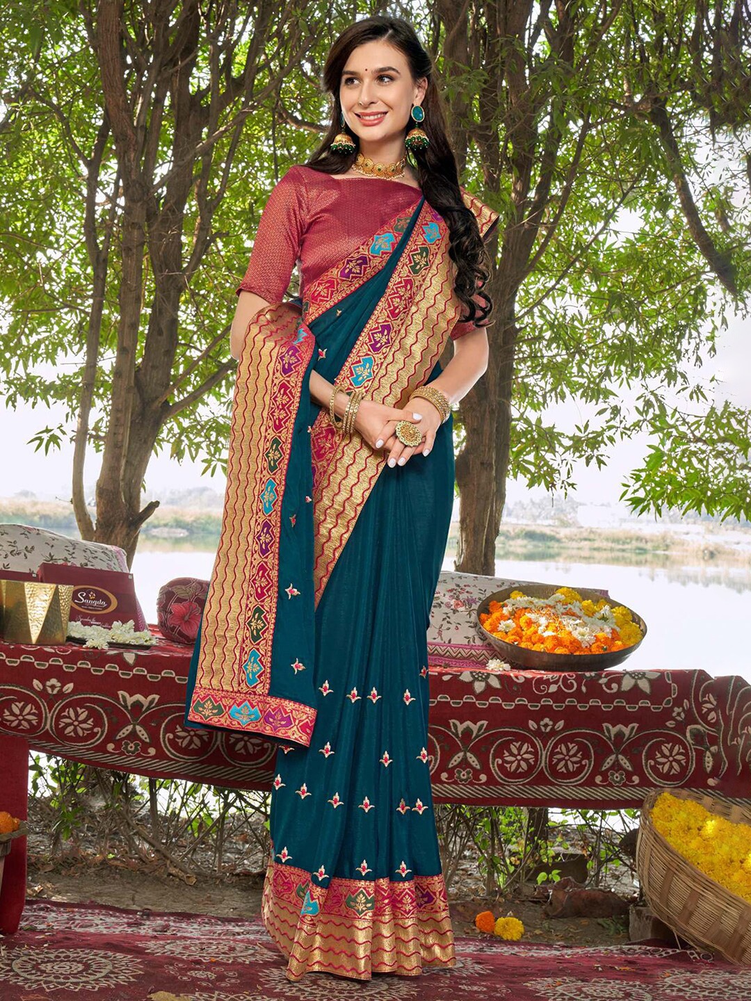 

Satrani Ethnic Motifs Embroidered Saree, Teal