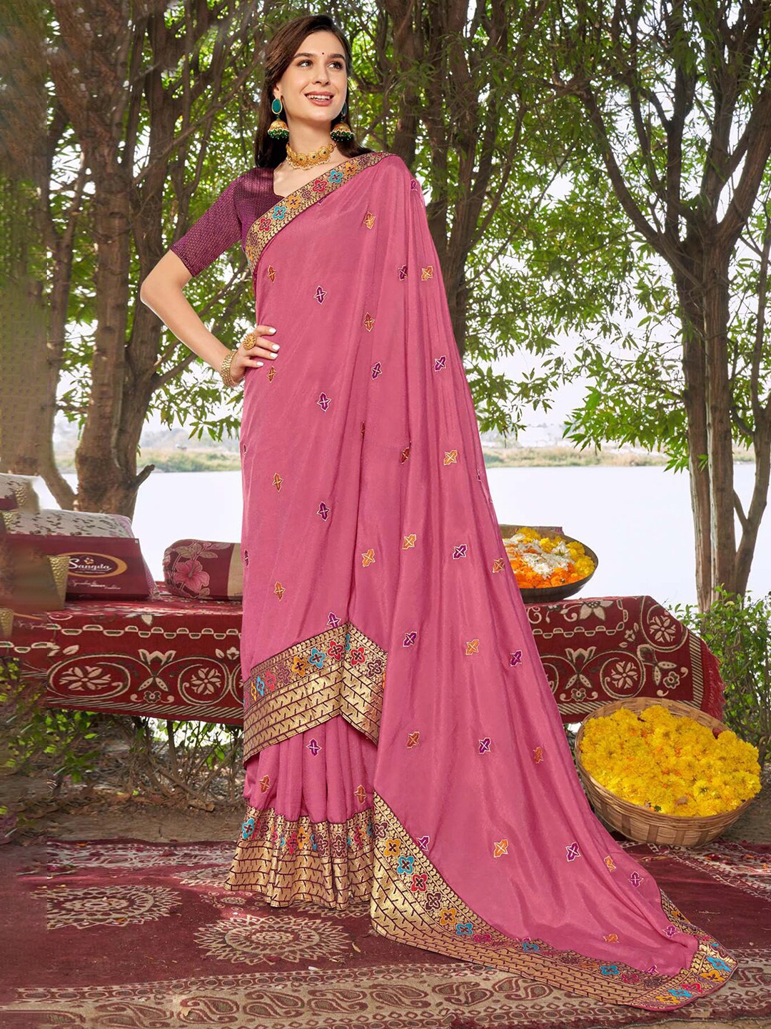 

Satrani Pink Ethnic Motifs Embroidered Art Silk Saree