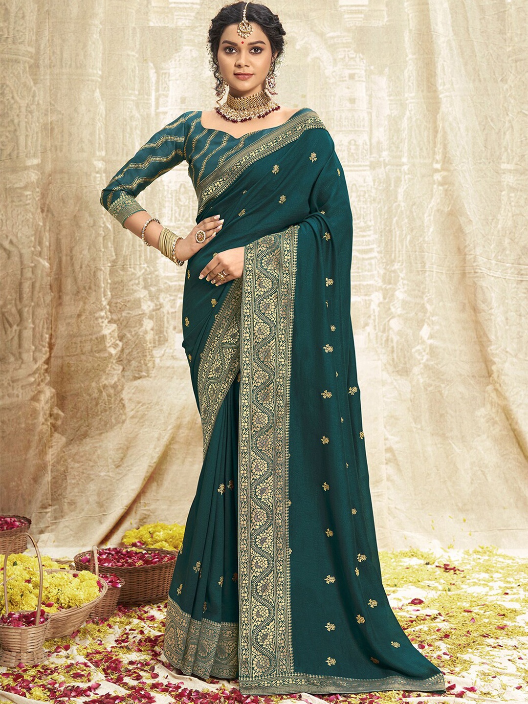 

Satrani Green Floral Embroidered Art Silk Saree