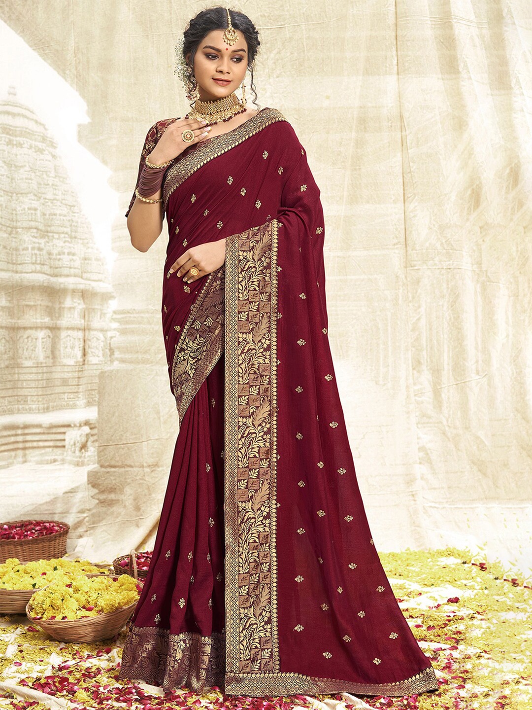 

Satrani Brown Floral Embroidered Art Silk Saree